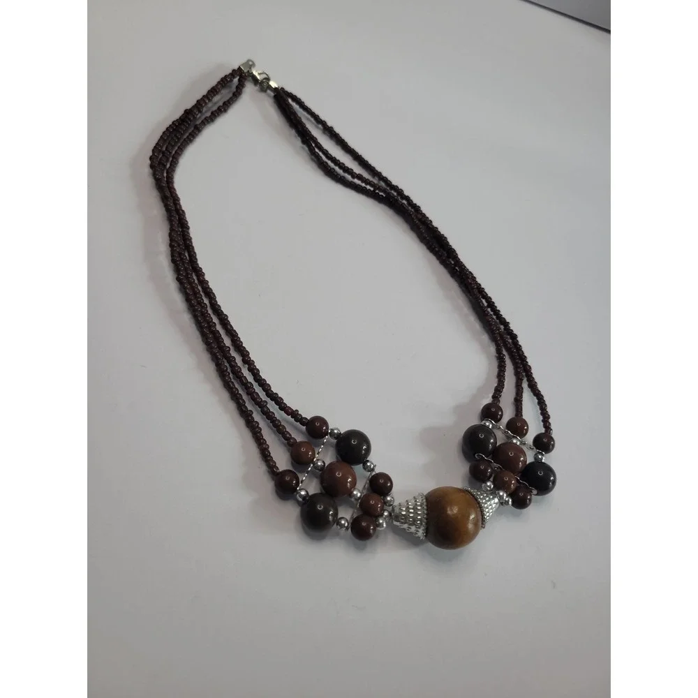 Brown Multi Strand Beaded Necklace Silver Tone Boho Statement Tribal Style